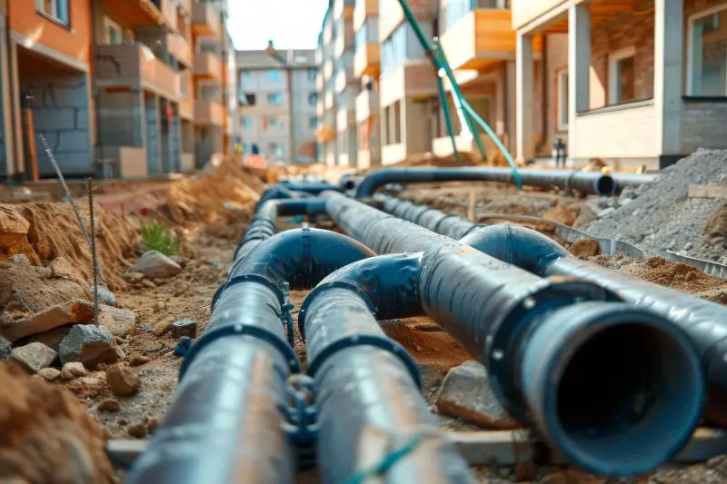 Construction site with connected plastic pipes between new residential buildings. Concept of urban development, infrastructure installation, civil engineering, city expansion.